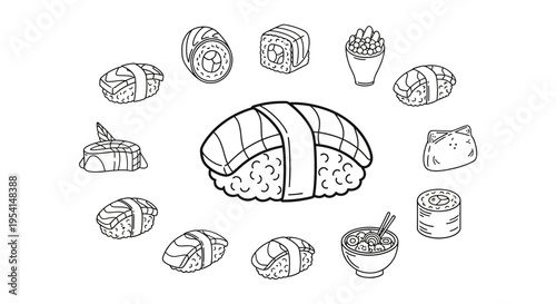 Sushi rolls and various sushi pieces.