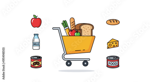 Shopping cart with food items inside.