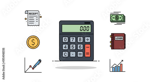 Calculator with financial icons around it.