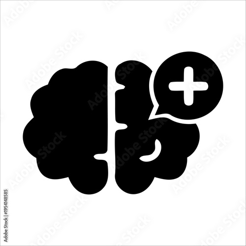 Human brain silhouette with plus symbol for psychological support and cognitive health improvement vector illustration
