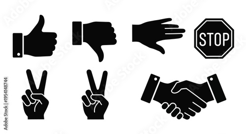 Various hand gestures and signs are displayed on a white background.