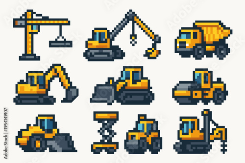 Collection of pixel art construction vehicles and heavy machinery on a white background