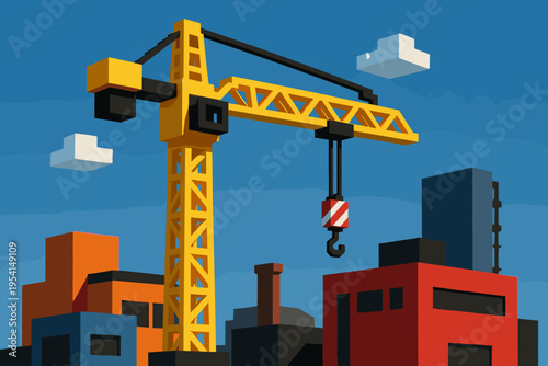 Stylized yellow construction crane against a bright blue sky with blocky buildings