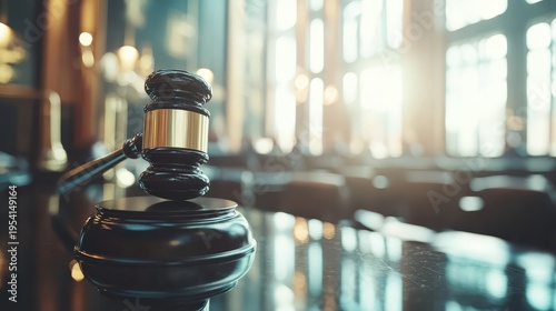 Justice symbol, the gavel in a courtroom setting, representing legal proceedings and dispute resolution
