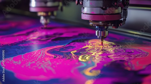 Industrial printing machine creating a vibrant and detailed abstract design on a colorful sheet