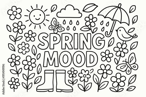 Spring mood illustration with flowers, sun, rain, and butterflies for coloring