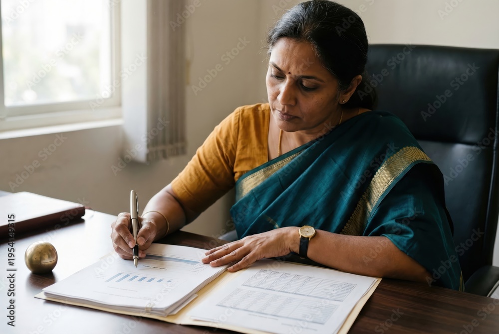 Fototapeta premium Indian woman in teal sari working with business documents at desk