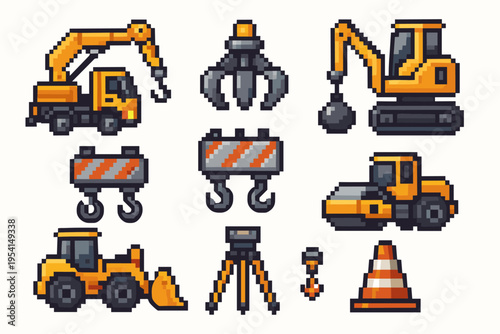 Pixel art construction vehicles and equipment set for retro game design