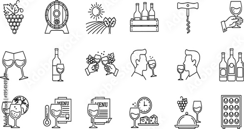 Professional Wine Production Vector Icon Set Featuring Vineyard Landscapes Oak Barrels Wine Cellars and Sommelier Tasting Gestures for Winery and Restaurant Branding
