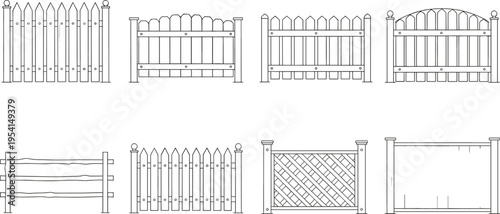 Collection of wooden fence and gate outline illustrations featuring picket, panel and lattice designs isolated on white background for garden, boundary and landscaping concepts