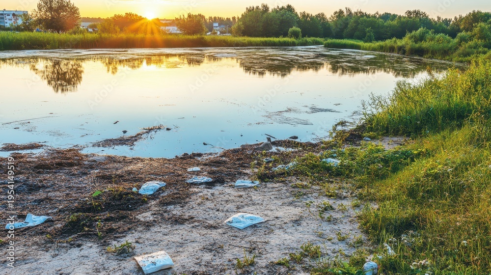 Obraz premium Polluted riverbank at sunset with visible debris and dying vegetation, highlighting environmental damage and ecosystem impact