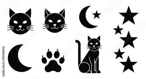 Black cat faces and body with moon and stars illustrations