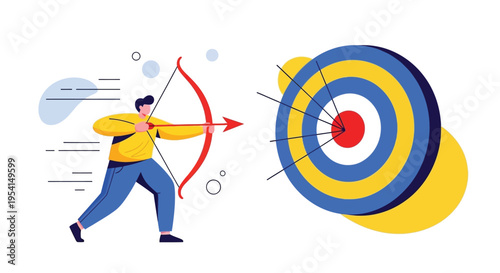 A man in a yellow shirt is aiming a red bow and arrow at a large blue and yellow target.