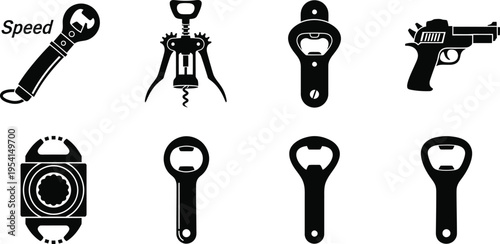 Silhouette icons set of various tools and objects including wrench tripod bottle opener gun and watch