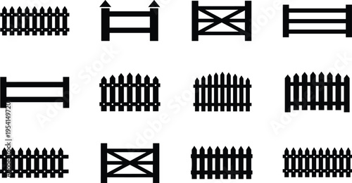Collection of wooden fence and gate silhouettes featuring picket, rail and crossbar designs isolated on white background for garden, yard and outdoor boundary concepts