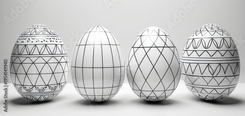 four decorated easter eggs with patterns, empty space, concept of holiday, design