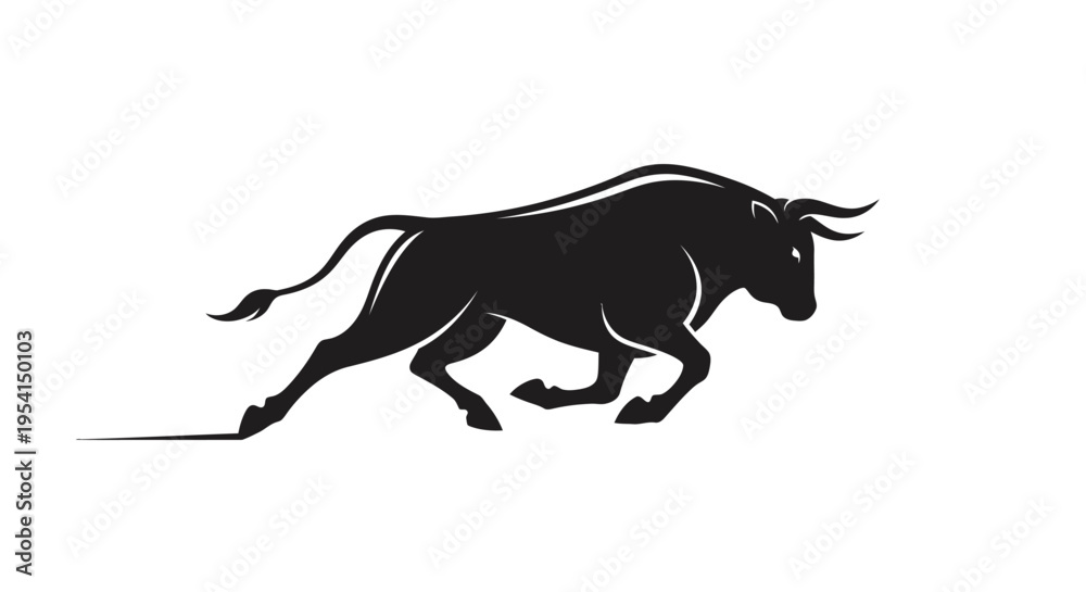 Fototapeta premium Black silhouette of a charging bull with curved horns on a white background