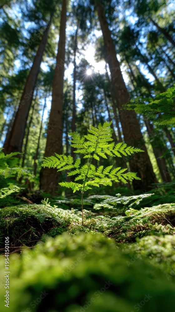 Naklejka premium nature photography, a lush vertical forest with sunbeams filtering through, exudes serenity, with a centered young sapling