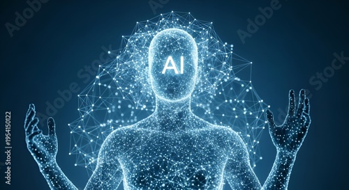 Artificial intelligence digital human silhouette illustration. Glowing blue plexus network representing machine learning and neural networks. Futuristic technology concept for digital transformation.