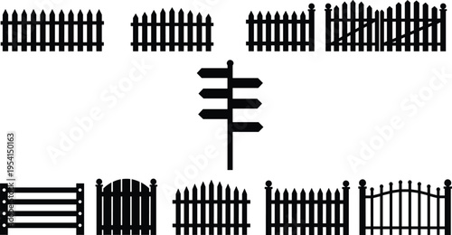 Collection of wooden fence and gate silhouettes with picket barriers and directional signpost isolated on white background for garden, navigation and outdoor boundary concepts