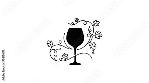 Minimalist Wine Glass Silhouette with Botanical Vine Line Art, Elegant Artisan Beverage and Organic Food Vector Concept