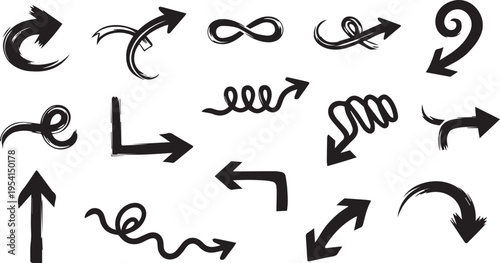 Collection of black hand-drawn brush stroke arrows isolated on transparent background