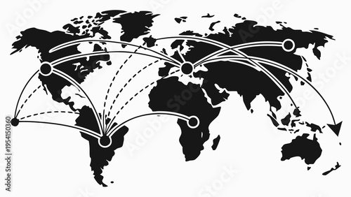 A black and white vector graphic illustration of a world map with connected lines and dots