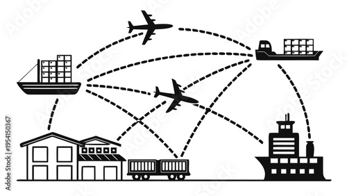 A vector graphic illustrating global logistics and transportation with various modes of transport