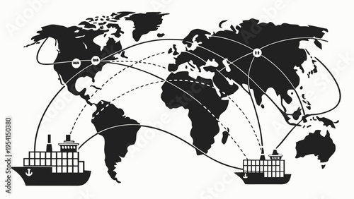 A vector graphic illustration of a world map with shipping routes and cargo ships