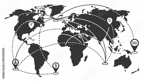 A black and white vector graphic illustration of a world map with various symbols and lines representing global connections and finance