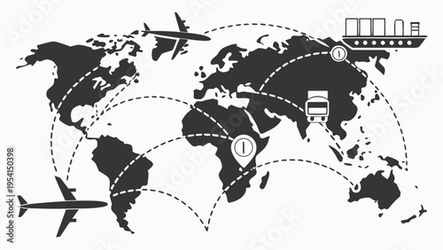 A vector graphic illustration of a world map with transportation icons and routes