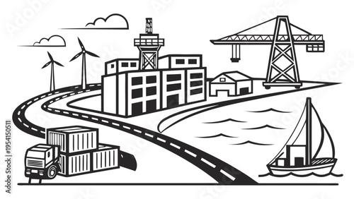 A black and white vector illustration of a harbor with a truck, sailboat, wind turbines, and industrial buildings