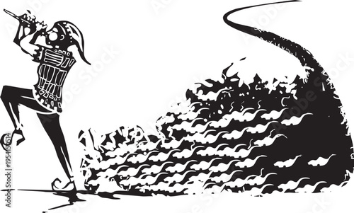 Woodcut expressionist style image of the Pied Piper of Hamlin
