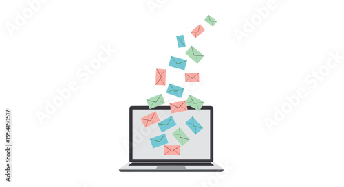 Numerous colorful email envelopes are depicted flying out of the screen of a grey laptop on a white background.