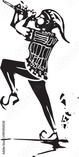 Woodcut expressionist style image of the Pied Piper of Hamlin