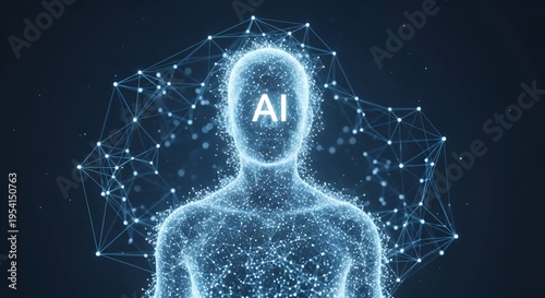 Artificial Intelligence humanoid silhouette digital illustration. Glowing blue neural network background with data points and AI text on head. Futuristic technology concept.