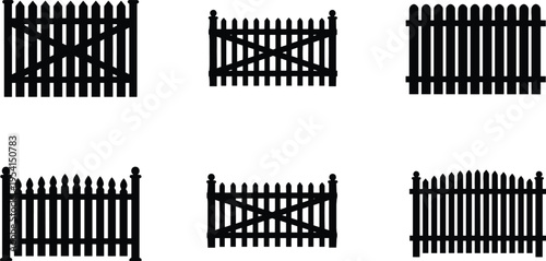 Collection of wooden fence silhouettes featuring picket and crossbar gate designs isolated on white background for garden, security, yard and outdoor boundary concepts