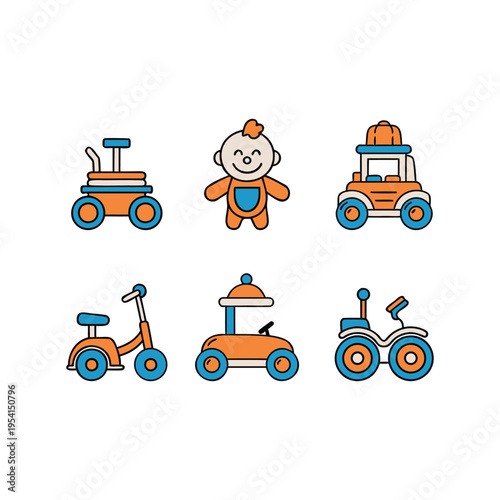 Six icons of babies and wheeled toys in flat design with colors include orange, blue, and teal