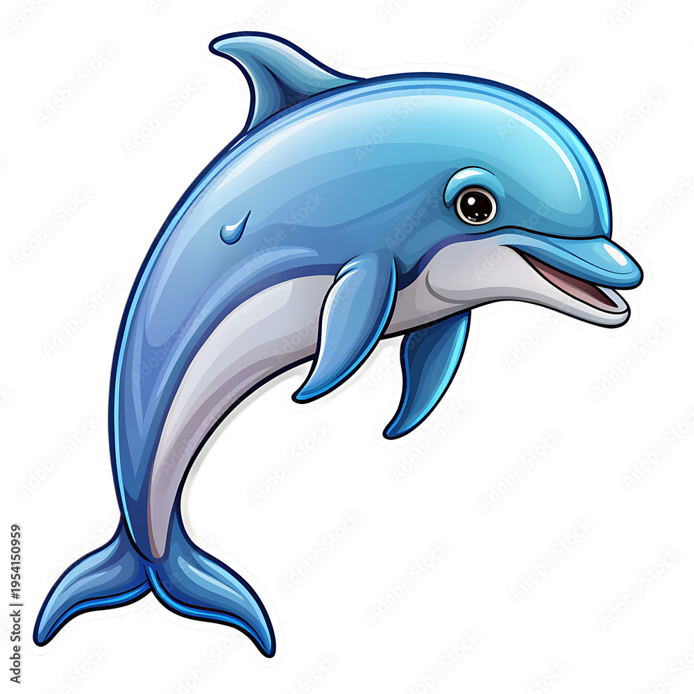Obraz premium Cartoon blue dolphin jumping out of water with white outline