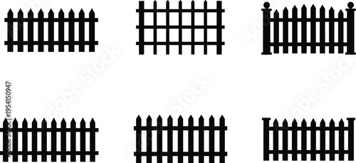 Collection of wooden fence silhouettes featuring picket and grid barrier designs isolated on white background for garden, yard and outdoor boundary concepts
