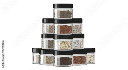 A pyramid of twelve clear glass jars filled with various seeds and grains is stacked on a white background.