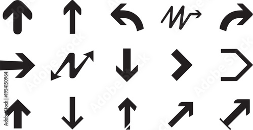 Collection of various black arrow shapes and directions isolated on transparent background