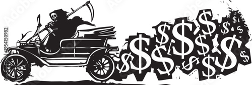 Woodcut expressionist style image of a Cost of a Car