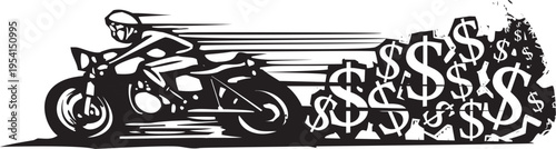 Woodcut expressionist style image of a Motorcycle's Endless Cost