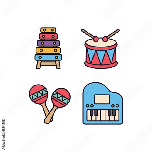 Colorful children's musical instrument icons: xylophone, drum, piano, flat design