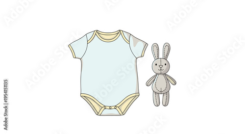 A light blue baby romper with yellow trim is displayed next to a gray stitched bunny plush toy on a white background.