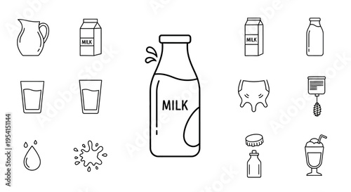 Milk bottle with dairy products around.