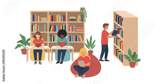 Four people are reading books and using a tablet in a modern library with wooden bookshelves and potted plants.
