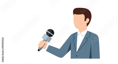 A male reporter in a blue suit jacket holds a dark grey and silver microphone against a plain white background.