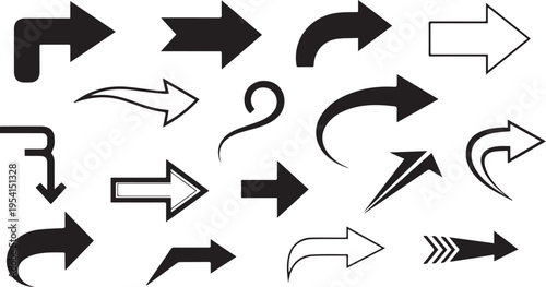 Diverse black arrow symbols collection with solid and outline shapes for web and interface
